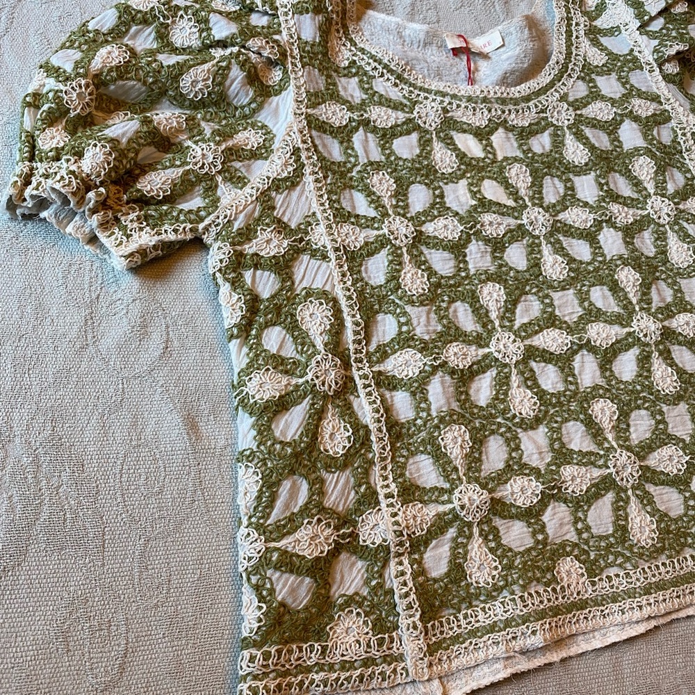 SOLITAIRE Crochet Green/White Floral Knit Puff Sleeve Size XL Blouse NWT